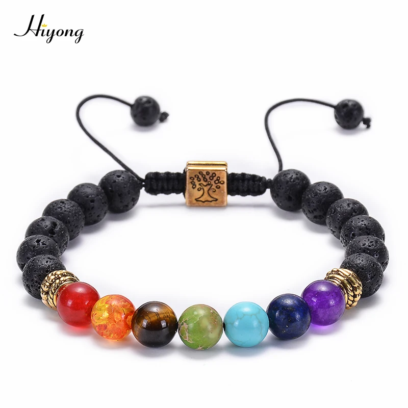 

Tree of Life Charm 7 Chakras Stone Beads Bracelet Adjustable Braided Rope Black Lava Rock Natural Stone Yoga Meditation Bracelet