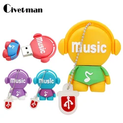 Cute Pendrive Cartoon Music Man 128GB USB 플래시 드라이브 4GB 8GB 16GB 32GB 64GB 펜 드라이브, 256GB 뮤지션 USB 2.0 플래시 메모리 스틱