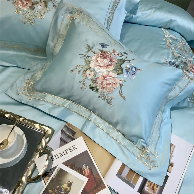 Белый синий розовый роскошный цветочный Вышивка 100S Египетский хлопковый комплект постельного белья пододеяльник простыня/льняные наволочки