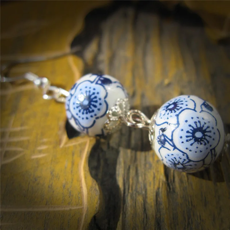 SHUANGR Vintgae китайский стиль синий и белый фарфор Ухо Ювелирные изделия керамика Цветы Мода двойной жемчуг Висячие серьги для женщин