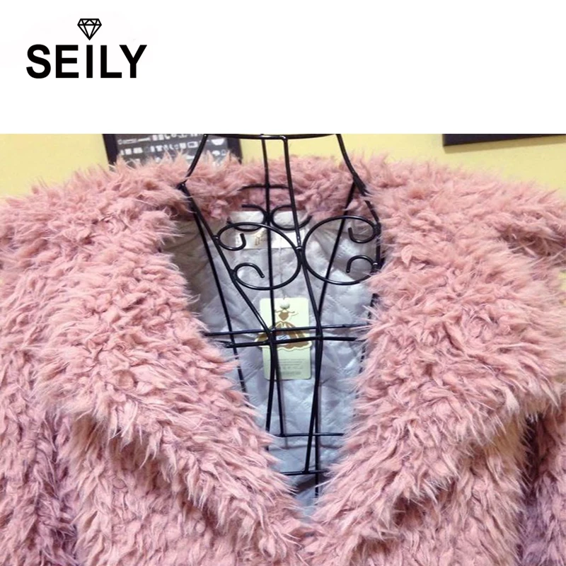 Seily Winter Luxury Pink Long Sleeve Faux Fur Fluffy Jacket Plush Fake Lamb Wool Fur Turn Down Collar Furry Coat Women Cardigan