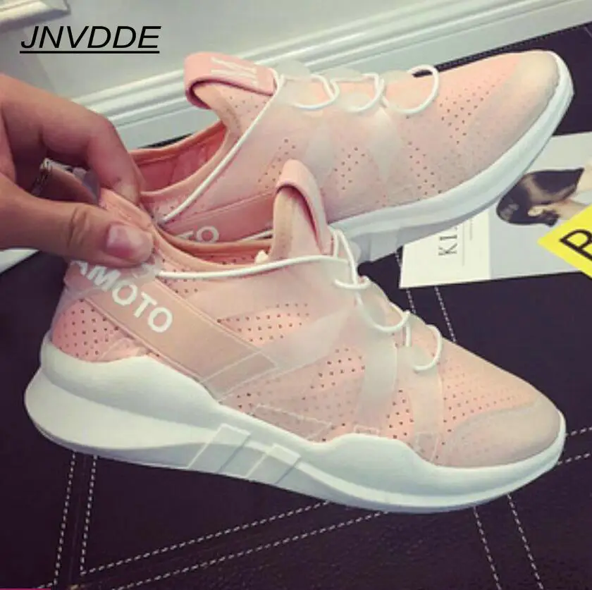 

JNVDDE 2019 White Air Mesh Student Breathable Lace Up Outdoor Women Shoes Lightweight Woman Vulcanized Sneakers Pink Black Z107