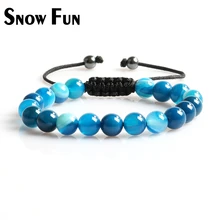 Весело снег 8 мм в синюю полоску Агат Плетеный браслет для Для женщин один Lap Браслеты простой Стиль ювелирные изделия