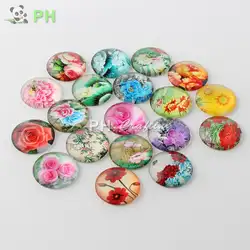 Цветок печатных стекло Flatback cabochons, Полукруглый / купол, Смешанный цвет, 12 x 4 мм