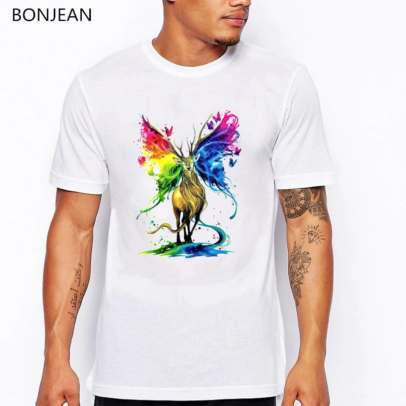 

2019 summer top Magical Watercolor Deer t shirt men harajuku animal printed tshirt homme white short sleeve t-shirt streetwear