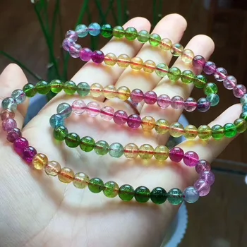 

7mm Natural Brazil Colorful Tourmaline Bracelet Necklace 3 Laps Clear Round Beads Crystal Brazil Chain Healing Stone AAAAAA