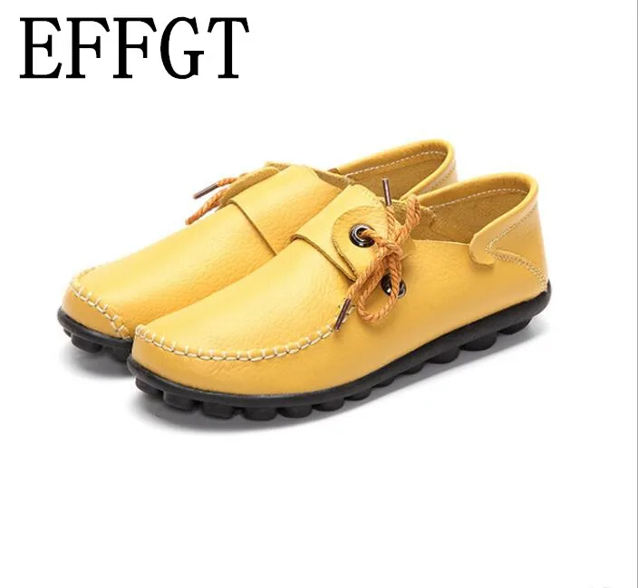 

EFFGT 2019 Autumn New Style Cow Leather Women Casual Shoes Moccasins Female Flats women Shoes Lace-Up Woman Loafers Size 35-43