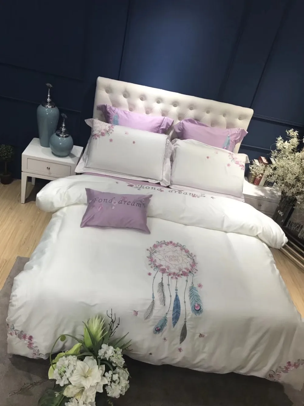 4pcs Egyptian Cotton Linens Bedding Set Feathers Dreamcatcher 4pcs Egyptian Cotton Linens Bedding Set Feathers Dreamcatcher Embroidered Duvet Cover 800 Thread Count Bed Sheets Queen King In Sets From Home