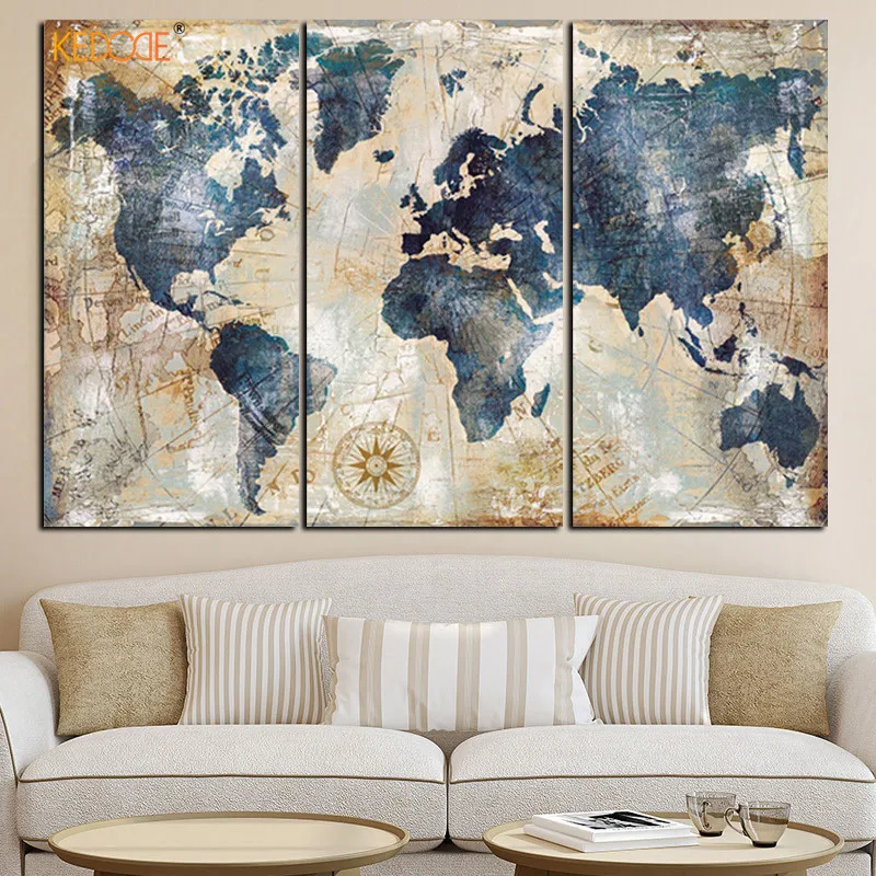 

KEDODE 3pcs Watercolor World Map Painting HD Printed On Canvas Landscape Modular Wall Sofa Living Room Art Picture Oil Painting