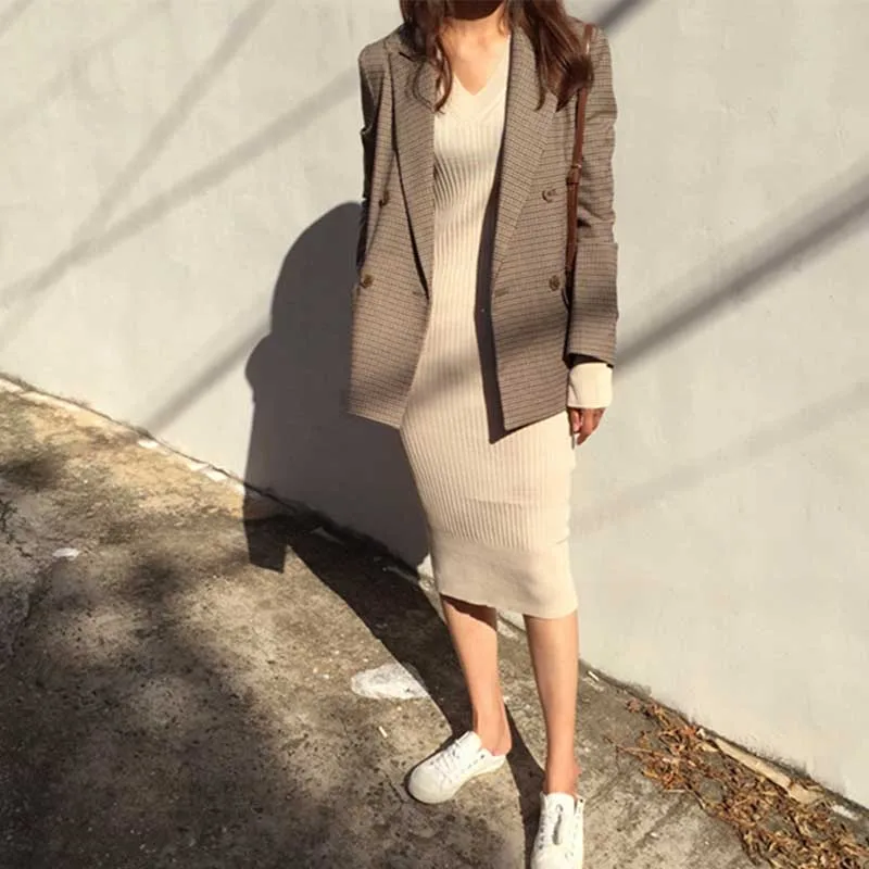 Elegant Vintage Office Lady Blazer Classic Plaid Double Breasted Female Slim Chic Small Suit British Style Slim Suit Jacket 2019