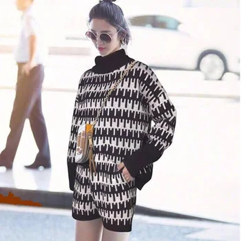 

CBAFU autumn winter turtleneck sweater knitted shorts suit loose slim 2 piece set women suit knitted pullover short set N894