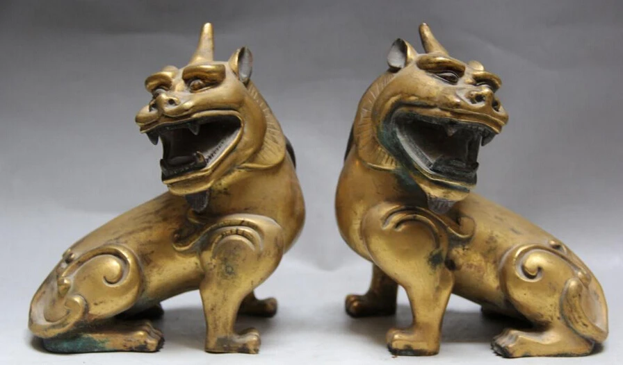 

JP S0524 6" Chinese Bronze 24K Gold Gilt Folk Kylin Unicorn Beast sculpture Statue Pair