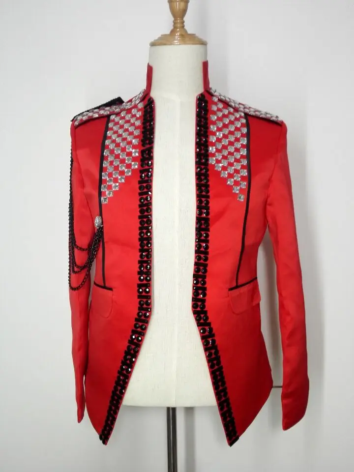 Красный тонкий мужской костюм Куртка Блейзер Пальто алмазный камень этап носит Производительность Певица Танцор платье для ночного клуба Вечерние Пром бар - Цвет: Red