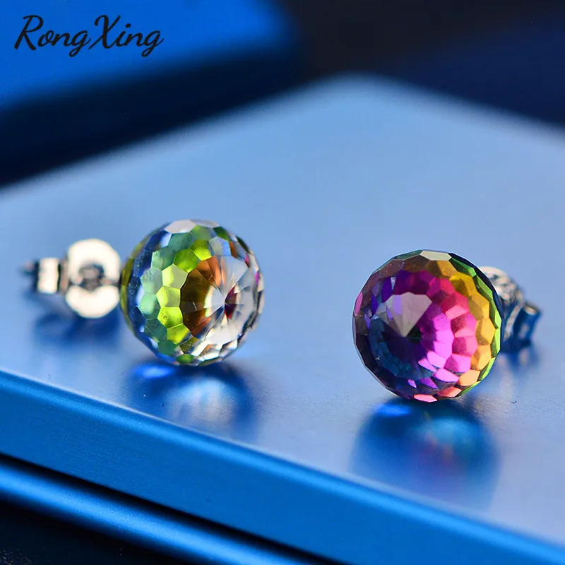 RongXing, волшебные радужные Кристальные круглые серьги-гвоздики для женщин, 925 серебро, заполненные прозрачным синим цирконием, серьги для девочек, подарки на день рождения