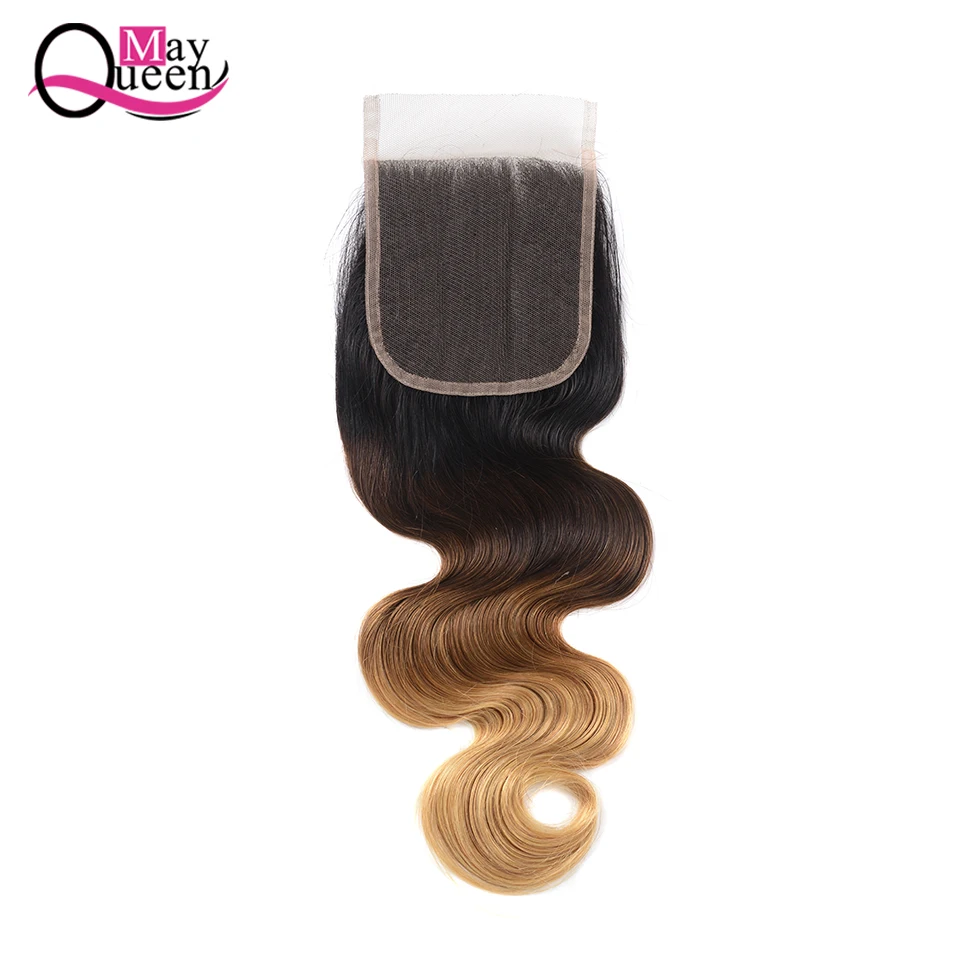 

May Queen Ombre Brazilian Body Wave Closure T1B/4/27 Ombre Human Hair 3 Tone Remy Hair 4*4 Lace Closure