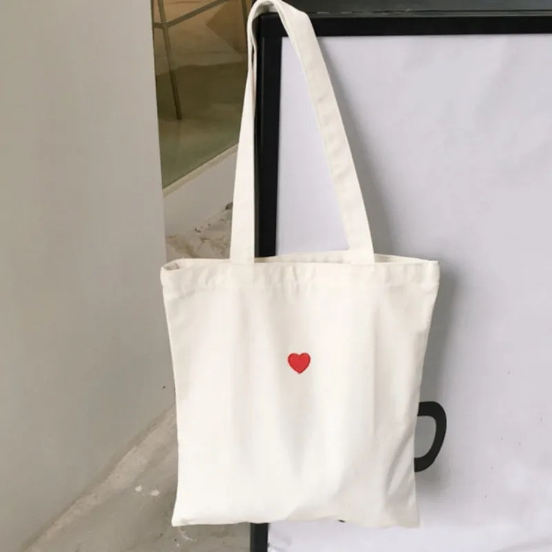 

Embroidered Red Heart Pattern Canva Shopping Bags Eco Reusable Foldable Zipper Tote Shopper Bag