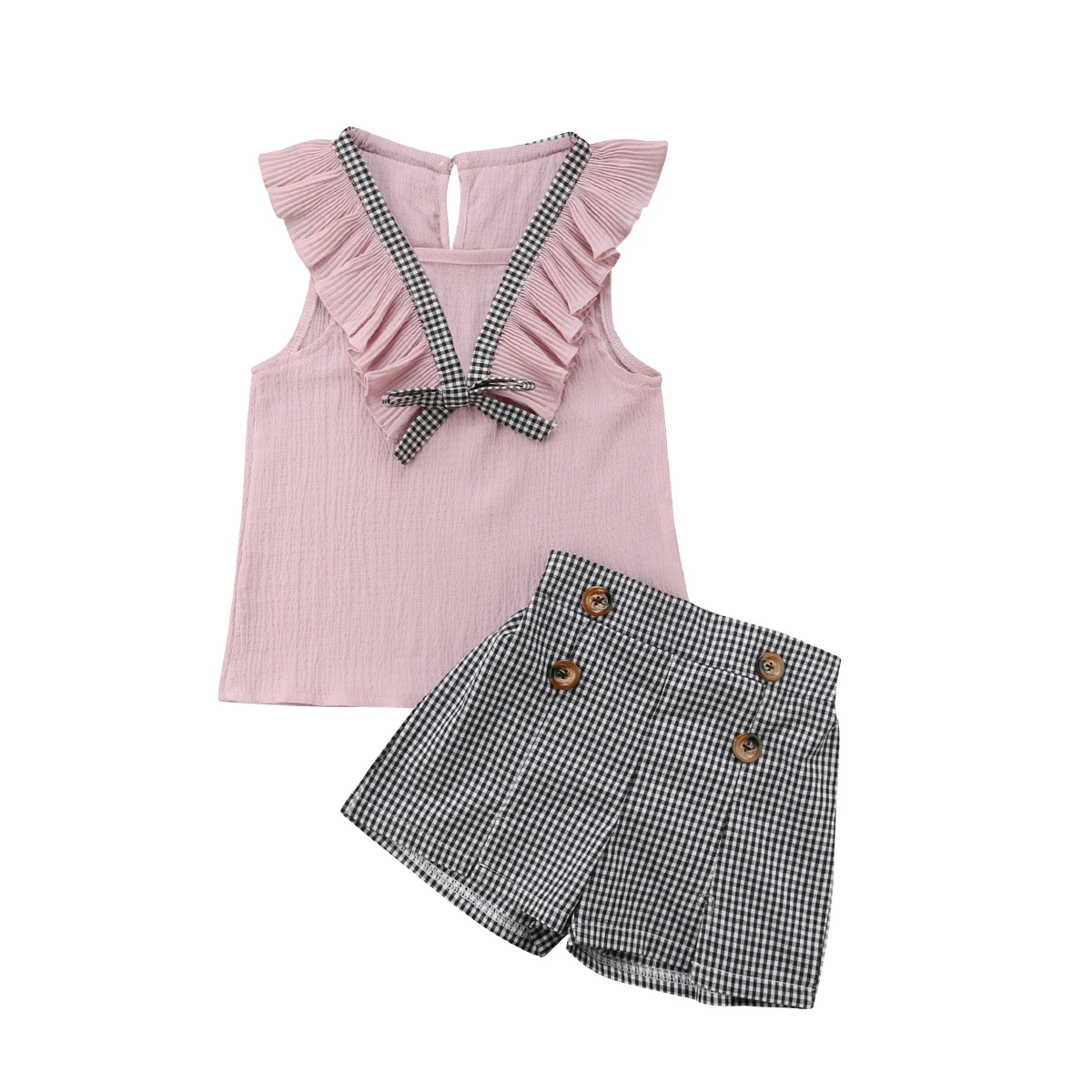 2 предмета, одежда для маленьких девочек, футболка с оборкой без рукавов, топы, клетчатые короткие штаны, комплект одежды