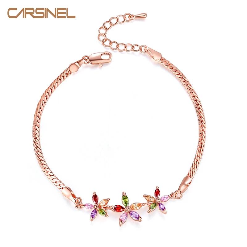 

CARSINEL Fashion Flowers Colorful Cubic Zirconia Charm Bracelets & Bangles for Women Rose gold color Jewelry