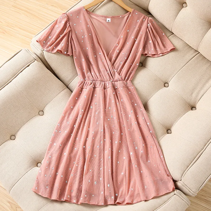 Summer Dress 2019 Women Fashion Pink stars Print V neck