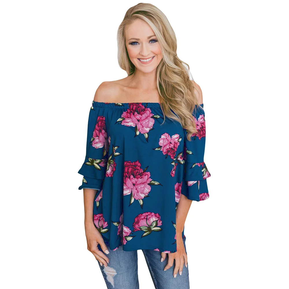 

New Women's Spring Shirt Fashion Strapless One-Sleeve Collar Cropped Sleeve Print Large Size Top