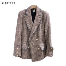 2019 Spring Tweed Plaid Women's Jacket Blazer Vintage Double Breasted Tassel Long Sleeve Office Blazers Jackets Female Outwear