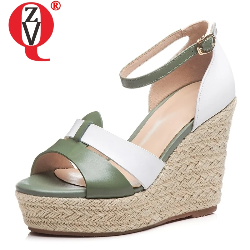 

ZVQ shoes woman summer new fashion mixed colors handmade genuien leather woman sandals outside super high wedges platform shoes