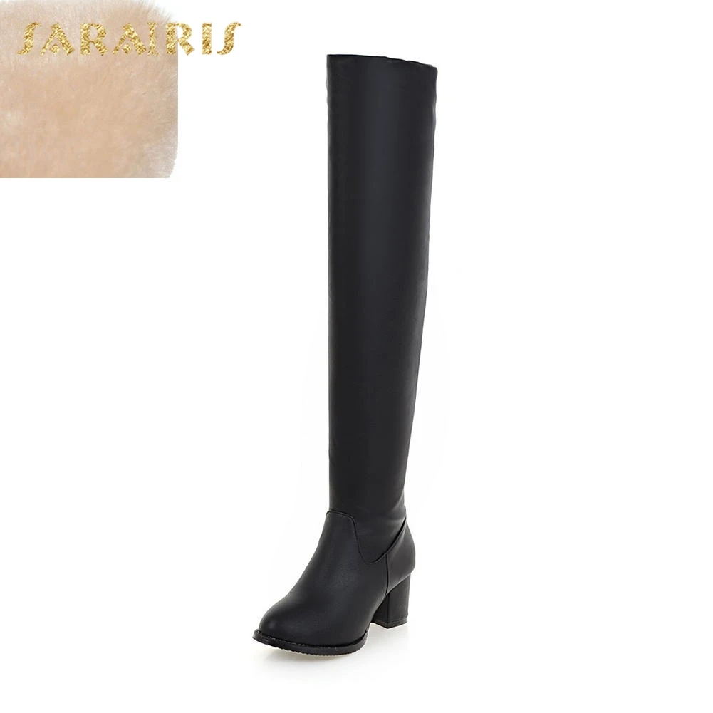 SARAIRIS/Новые брендовые теплые зимние сапоги на меху, большие размеры 34-43 женская обувь сапоги до колена на не сужающемся книзу массивном каблуке Женская обувь - Цвет: black with fur