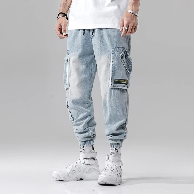 

2019 High Street Washing Big Multi-Pockets Men's Jogger Jeans Fashion Casual Male Pencil Style Denim Jeans Pants Streetwear