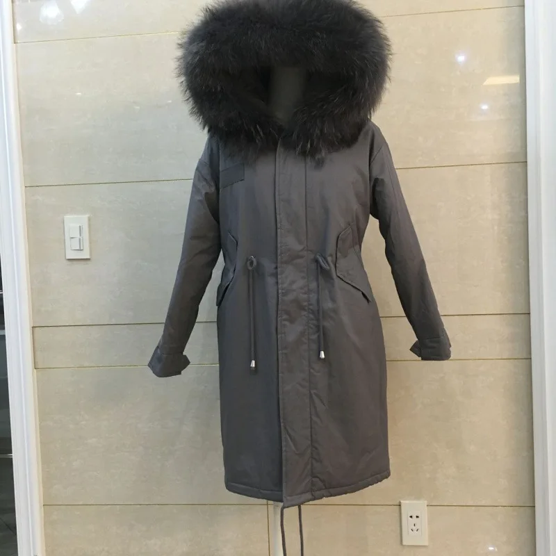 Корейский Новинка года для женщин пуховик с реальные большой енот меховая отделка капюшон регулируемый пояс теплая зимняя верхняя одежда пальт