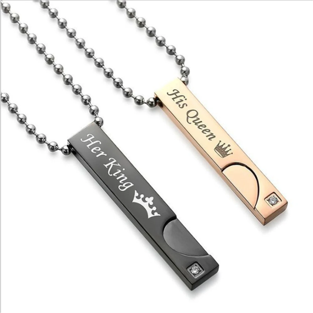 

1 Pair Pendants Necklaces Lovers Promise Matching Her King and His Queen Black Top Necklace Stainless Steel Jewelry lover Gift