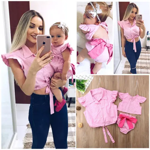 

2018 New Summer Family Matching Mother&Daughter Pink Plaid T-shirt Clothes Baby Girls Outfit Mom Children Casual Fashion Clothes