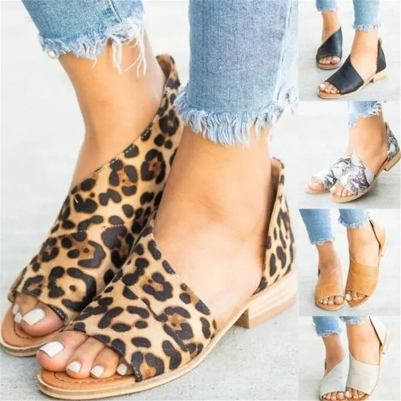 

Single shoes female summer new side empty bag with fish mouth leopard pattern women's sandals fish mouth women's shoes 35-43