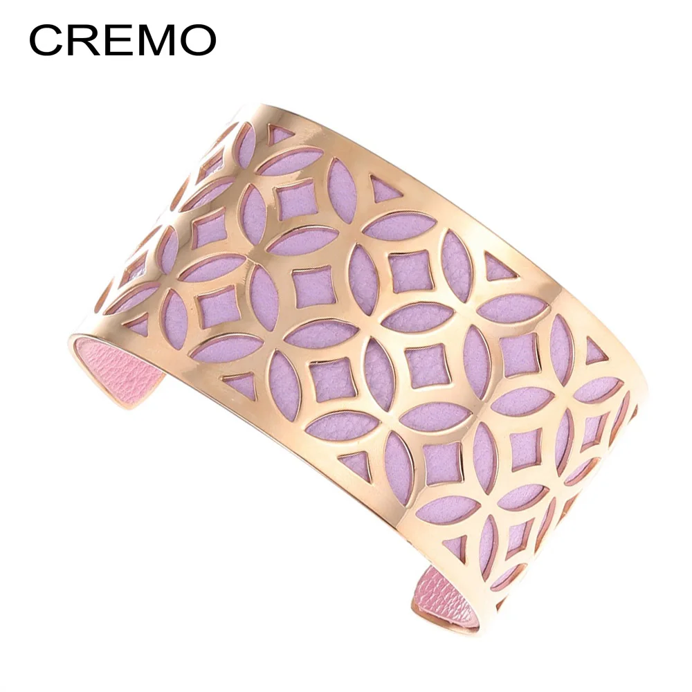 

Opening Wide Cuff Bangles For Women Bijoux Cremo Rose Gold Geometric Stainless Steel Bracelet Femme Reversible Leather Bangles