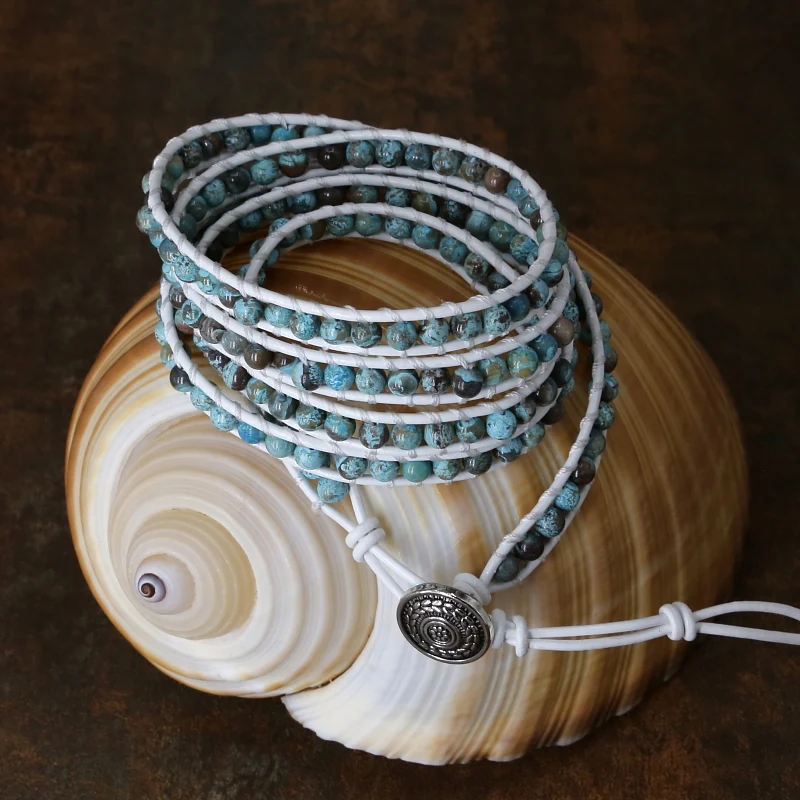 Уникальный смешанные природные камни Ocean jaspers бусины 5 браслет из переплетенных нитей ручной работы голубой океан браслет в стиле бохо кожаный браслет