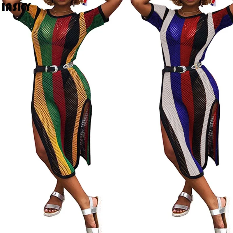 

IASKY 2018 Sexy Fish Net Women Pareo Cover Up Beach Long Dress Colorful stripe Bikini Bathing Suit cover ups Robe De Plage