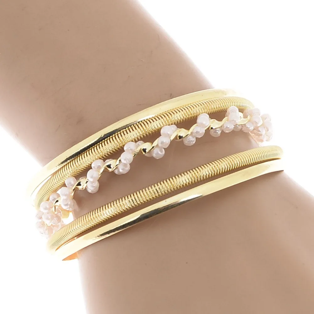 Unique Jewelry Metal Imitation Pearl Multilayer Bangles Fashion Open