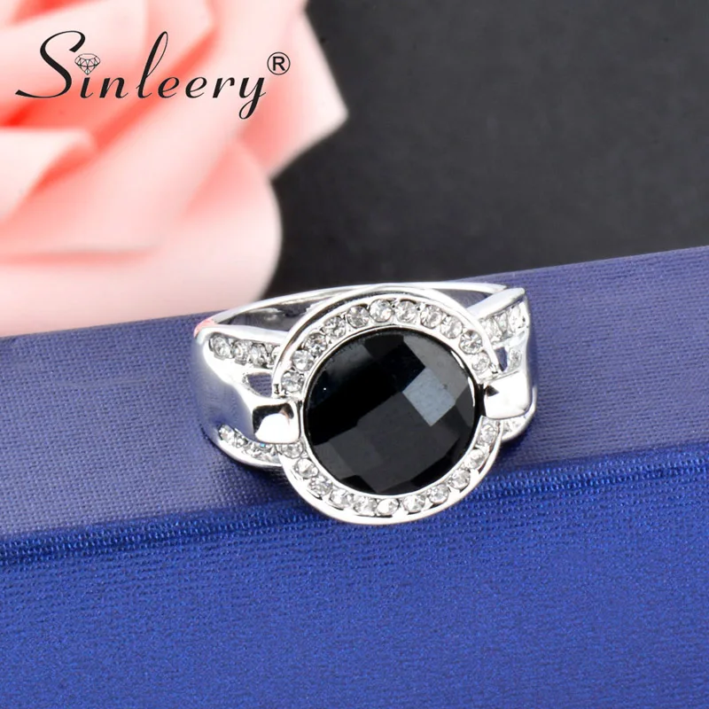 SINLEERY, винтажные круглые черные акриловые кольца для женщин, серебряного цвета, для свадьбы, вечеринки, помолвки, ювелирные изделия, размеры 6, 7, 8, 9, Jz539, SSD