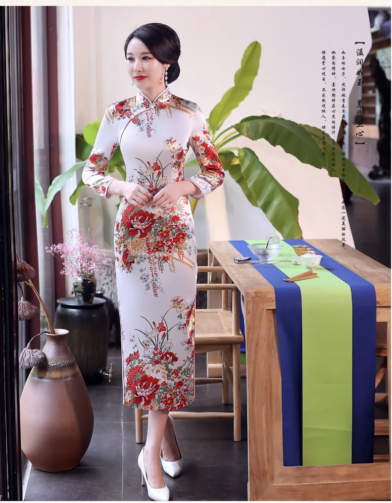 SHENG COCO китайское традиционное платье Cheongsam Qipao с длинным рукавом женское темно-синее длинное вечернее Ципао Drees размера плюс 6XL