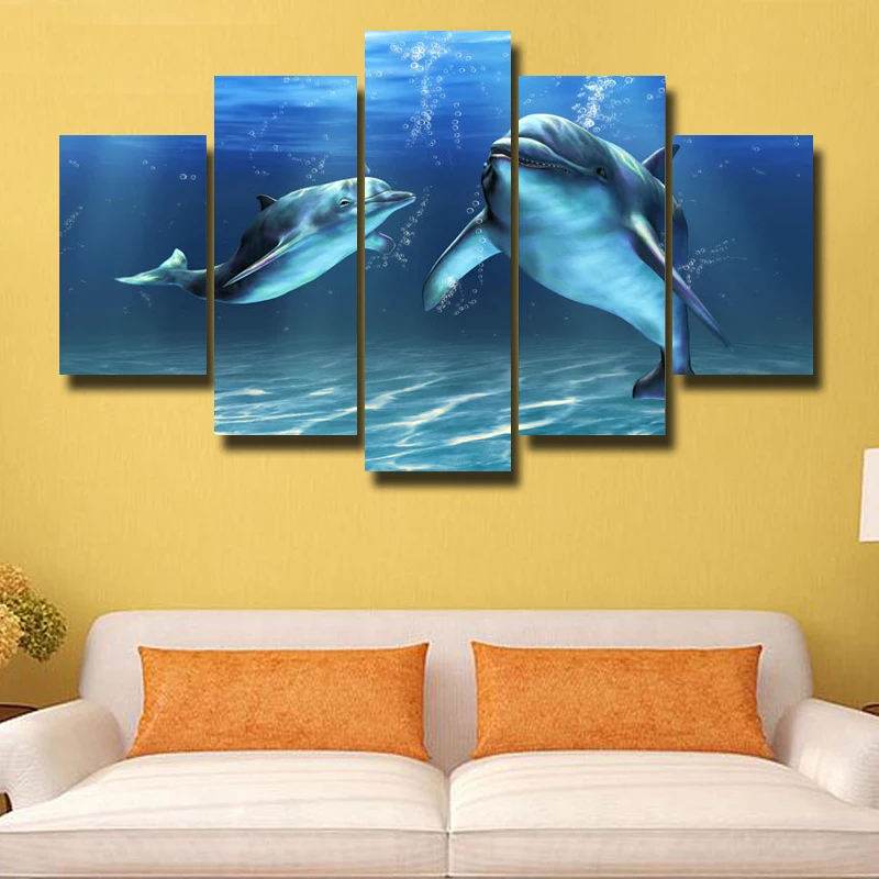 Art-Wall-Modern-Living-Room-Decoration-Theme-blue-dolphin-Canvas-Print-Oil-Painting-Print-5P-HD