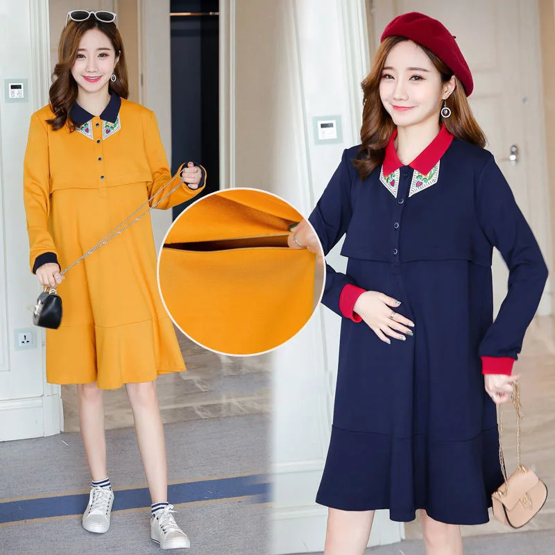 

Autumn Elegant Breastfeeding Pregnancy Dresses for Pregnant Women Party Clothes Long Sleeve Cotton Loose Maternity Nursing Dress