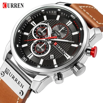 CURREN Men's Luxury Casual Chronograph Waterproof Date Genuine Leather Watches