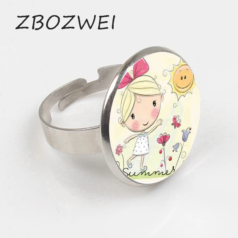 

ZBOZWEI 2018 Newest Children Painting Ring Girls Jewelry Cartoon Photo Ring Silver Ring Glass Handmade