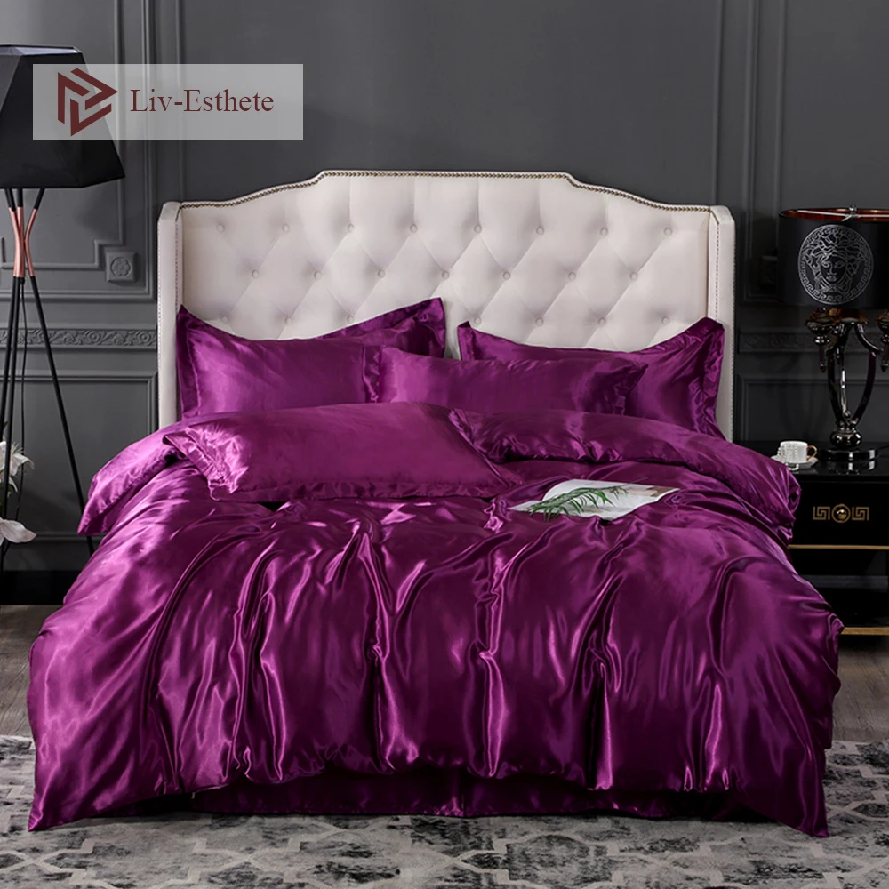 Liv Esthete Luxury Purple Satin Silk Bedding Set Silky Duvet Cover
