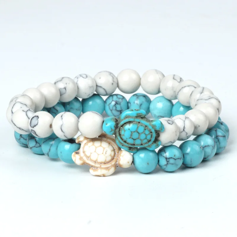 

2PCS/Set White Turquoise Bracelet Charms Sea Turtle Tortoise 8mm Beads Matte Black Lava Stone Bracelets for Women Couple Jewelry
