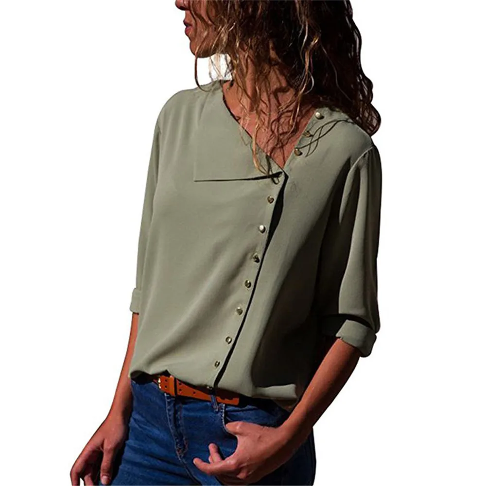 Для женщин Повседневное нагрудные шеи рубашка Дамы с длинным рукавом Пряжка Блузка для девочек свитеры с пуговицами нерегулярные