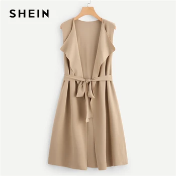

SHEIN Solid Waterfall Collar Bow Tie Waist Longline Belted Spring Coat Women Clothing Sleeveless Autumn Elegant Outerwear