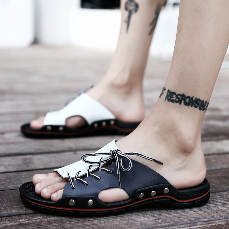 New Genuine Leather Men Slippers Beach Shoes Comfortable Men 2019 Summer Flat Heels Male Slides Luxury Plus Size 38-48(36)