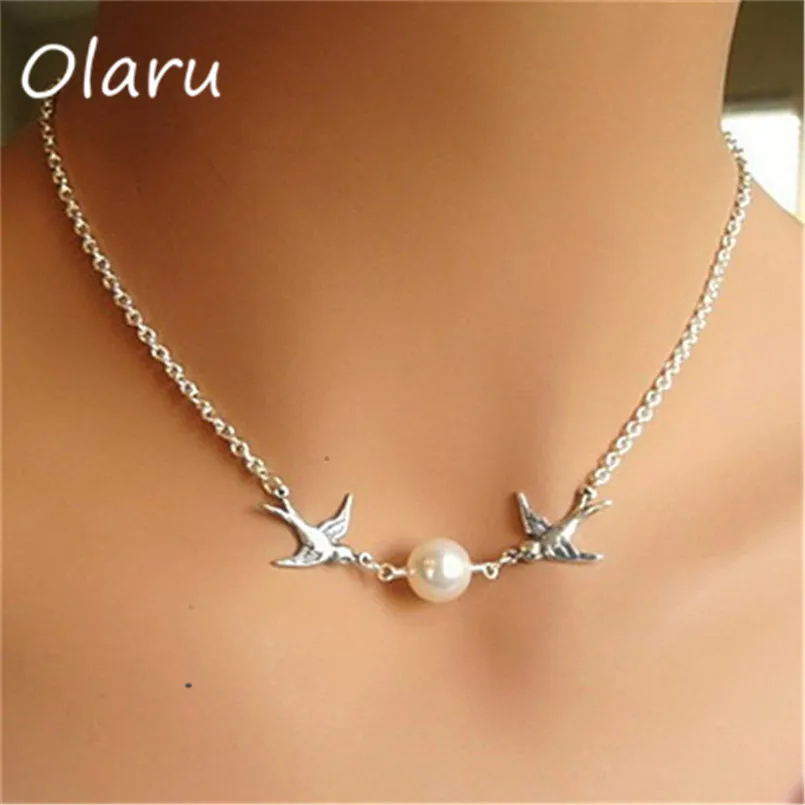 

Olaru Fashion Simulated Pearl Charms Swallows Choker Necklace Female Statement Gold Sliver Color Collar Necklaces & Pendants New