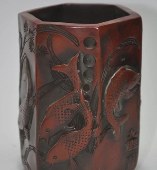 

Lifelike old china manmade resin carve 9 Carp fish statue brush pot pencil vase