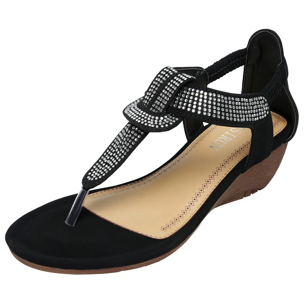

SAGACE Women's Sandals Crystal Bohemian Elastic Band Ankle Retro Wedge Round Head Beach Roman Sandals Summer New Style 2019